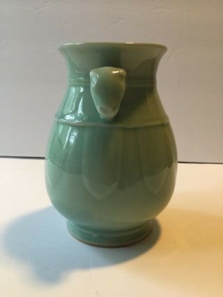 Vintage Chinese Celadon Double Rams Head Handled Vase 2