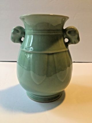 Vintage Chinese Celadon Double Rams Head Handled Vase 3
