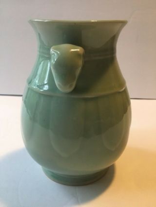 Vintage Chinese Celadon Double Rams Head Handled Vase 4