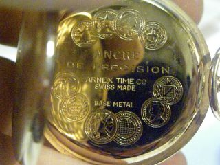 Arnex Pocket Watch 17 Jewel " De Precision " Incabloc Swiss W/ Fob & Chain