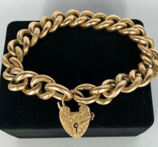 9ct Rose Gold Heavy Large Heart Padlock Antique Wwi Rose Gold Engraved Bracelet