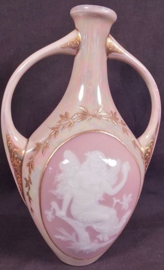 Art Nouveau Gebruder Heubach Pink Yellow Luster Pate Sur Pate Vase Nude Fairy