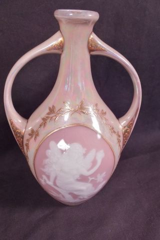 Art Nouveau Gebruder Heubach Pink Yellow Luster Pate Sur Pate Vase Nude Fairy 4