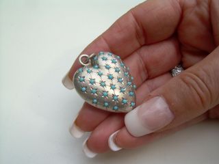 Antique Victorian/edwardian Large Silver Plump Heart Pendant Set With Turquoise.