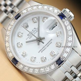 Ladies Rolex Datejust Diamond Sapphire 18k White Gold & Steel White Dial Watch