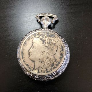 Vintage 1921 Morgan Silver Dollar Pocket Watch Case W/ Quartz Watch Swiss Parts