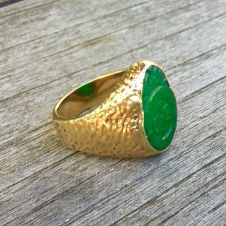Fine Mens Green Jade Heavy 18k Gold Ring Vintage Carved Seal Size 11 Chinese 10