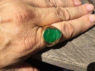Fine Mens Green Jade Heavy 18k Gold Ring Vintage Carved Seal Size 11 Chinese 12
