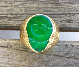 Fine Mens Green Jade Heavy 18k Gold Ring Vintage Carved Seal Size 11 Chinese 2