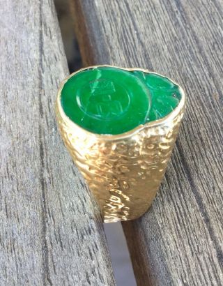 Fine Mens Green Jade Heavy 18k Gold Ring Vintage Carved Seal Size 11 Chinese 3