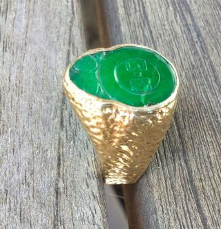 Fine Mens Green Jade Heavy 18k Gold Ring Vintage Carved Seal Size 11 Chinese 5