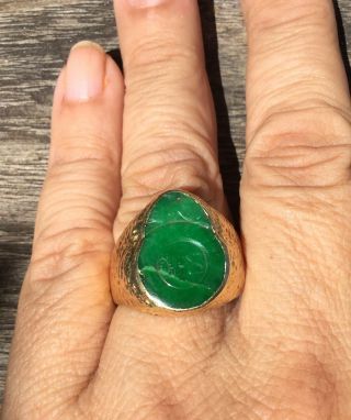 Fine Mens Green Jade Heavy 18k Gold Ring Vintage Carved Seal Size 11 Chinese 7