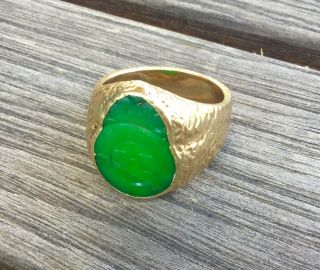 Fine Mens Green Jade Heavy 18k Gold Ring Vintage Carved Seal Size 11 Chinese 9