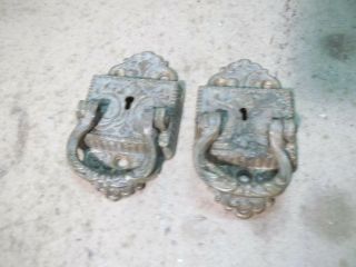 Pair Old Fancy Brass Ice Box Or Cabinet Pull Handles Marked 53l