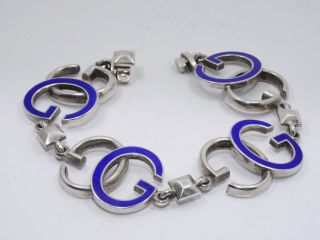 Rare Vintage Gucci Sterling Silver & Blue Enamel G Logo Link Bracelet 8 " / 60.  5g