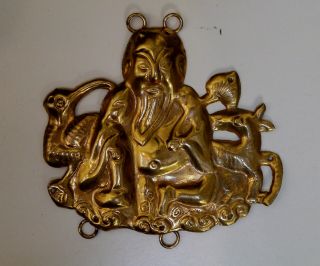 Antique Chinese Qing Dynasty Gold Washed Pendant Of A Wise Man Between Animals