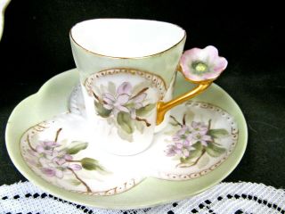 Limoges France Tea Cup And Saucer Flower Handle Pink Teacup Painted Violets Demi