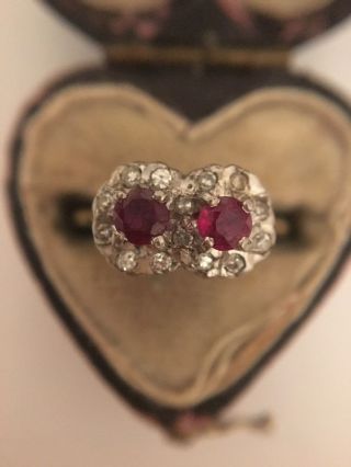 Antique Stunning 18ct Yellow Gold Ruby Diamond Moi Et Toi Ring Band