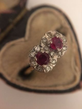 Antique Stunning 18ct Yellow Gold Ruby Diamond Moi Et Toi Ring Band 2