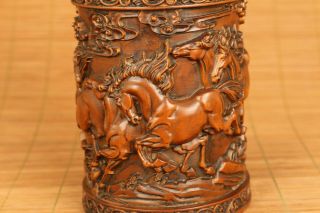 Big Rare Old Boxwood Hand Carved Horse Figure Statue Netsuke Brush Pot Vase