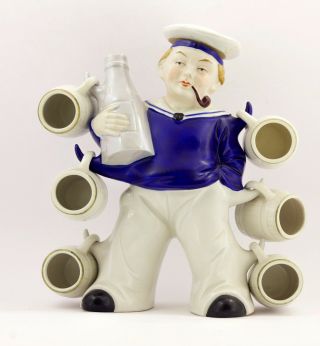 Vintage Porcelain German Decanter,  Bottle For Liqueur,  Glasses.  Captain,  Sailor