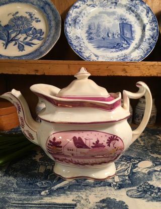 Antique English Porcelain Pink Luster Transfer Printed Transferware Teapot