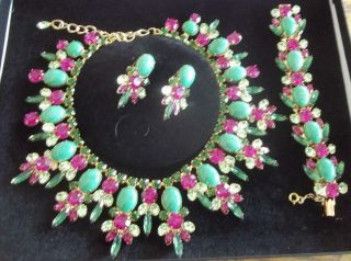 Dimartino Vintage Necklace Bracelet Earrings Hot Pink & Green Rhinestones