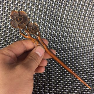 Rare Collectible Boxwood Handwork Plum Blossom Japanese Netsuke Antique Hairpin 8