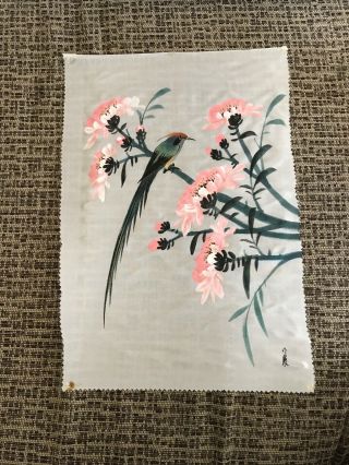 Vintage Chinese/japanese Oriental Painting Of Bird & Pink Flowers On Silk Signed