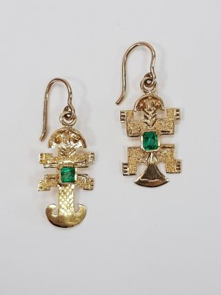 R Collectible Italian Mayan Style 18k Gold 750 Earrings With Emeralds