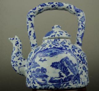 China Old Blue & White Porcelain Hand Painted Landscape Teapot /kangxi Mark C01