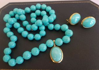 Vintage Persian Turquoise Sleeping Beauty 14k Gold Necklace Pendant Earring Set