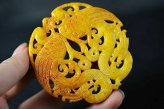 Delicate Chinese Old Jade Carved Dragon&Phoenix Pendant W97 2