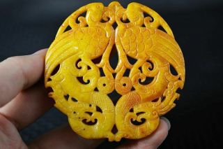 Delicate Chinese Old Jade Carved Dragon&Phoenix Pendant W97 4