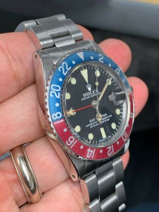 Vintage Rolex GMT MASTER 1675 Pepsi MKIV Dial,  beautifully faded insert 7