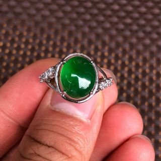 Rare S925 Silver & Green Jadeite Jade Oval Bead Handwork Chinese No.  6 - 11 Ring