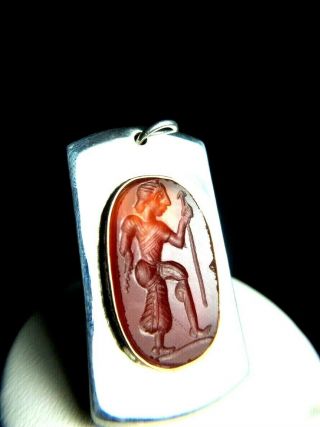 Ancient Carnelian Hiking Warrior Cane Intaglio Signet Sterling Silver Pendant