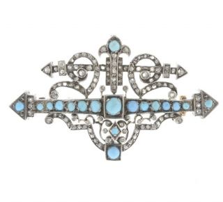 19c Victorian Antique Silver,  Gold,  Turquoise & Diamond Brooch Pendant