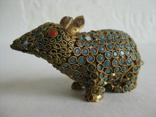 Fine Old Tibetan Chinese Coral Turquoise Brass Rat Mouse Statue Figure Sculpture