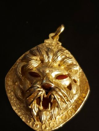 Etruscan 18k Yellow Gold Italy 36 Gram Lion Head Pendant/ Enamel Accents C1960