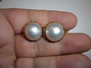 14K Yellow Gold Big 16mm South Sea Mabe Pearl Pierced Vintage EARRINGS 12