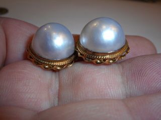14K Yellow Gold Big 16mm South Sea Mabe Pearl Pierced Vintage EARRINGS 2