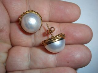 14K Yellow Gold Big 16mm South Sea Mabe Pearl Pierced Vintage EARRINGS 3