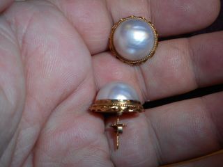14K Yellow Gold Big 16mm South Sea Mabe Pearl Pierced Vintage EARRINGS 7