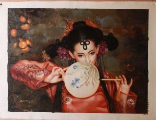 Art Oil Painting On Canvas Oriental Ancient Lady Shy Girl 24 " X32 "