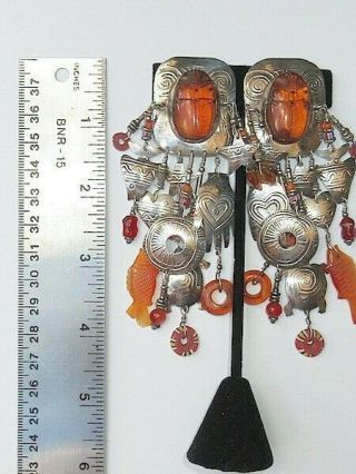 RARE Vintage Tabra Earrings/Bracelet Set BoHo Chic AMBER Scarabs SS Clip - ons 4