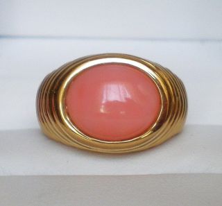 Designer 14k Yellow Gold Bezel Set Angel Skin Pink Peach Coral Ring 14kt 5.  8 Gr.