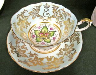 Paragon Tea Cup And Saucer Commemorate Blue Teacup 1954 Coronation Rose Leaf