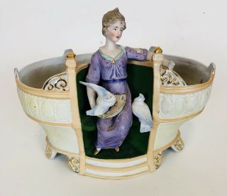 Vintage German Porcelain Centerpiece Planter Vase Jardinier Victorian Lady Birds