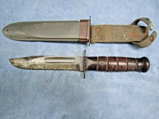 Ww2 Us Navy Mark 2 Kabar Fighting Knife Usmc Leather Handle W/ Correct Scabbard